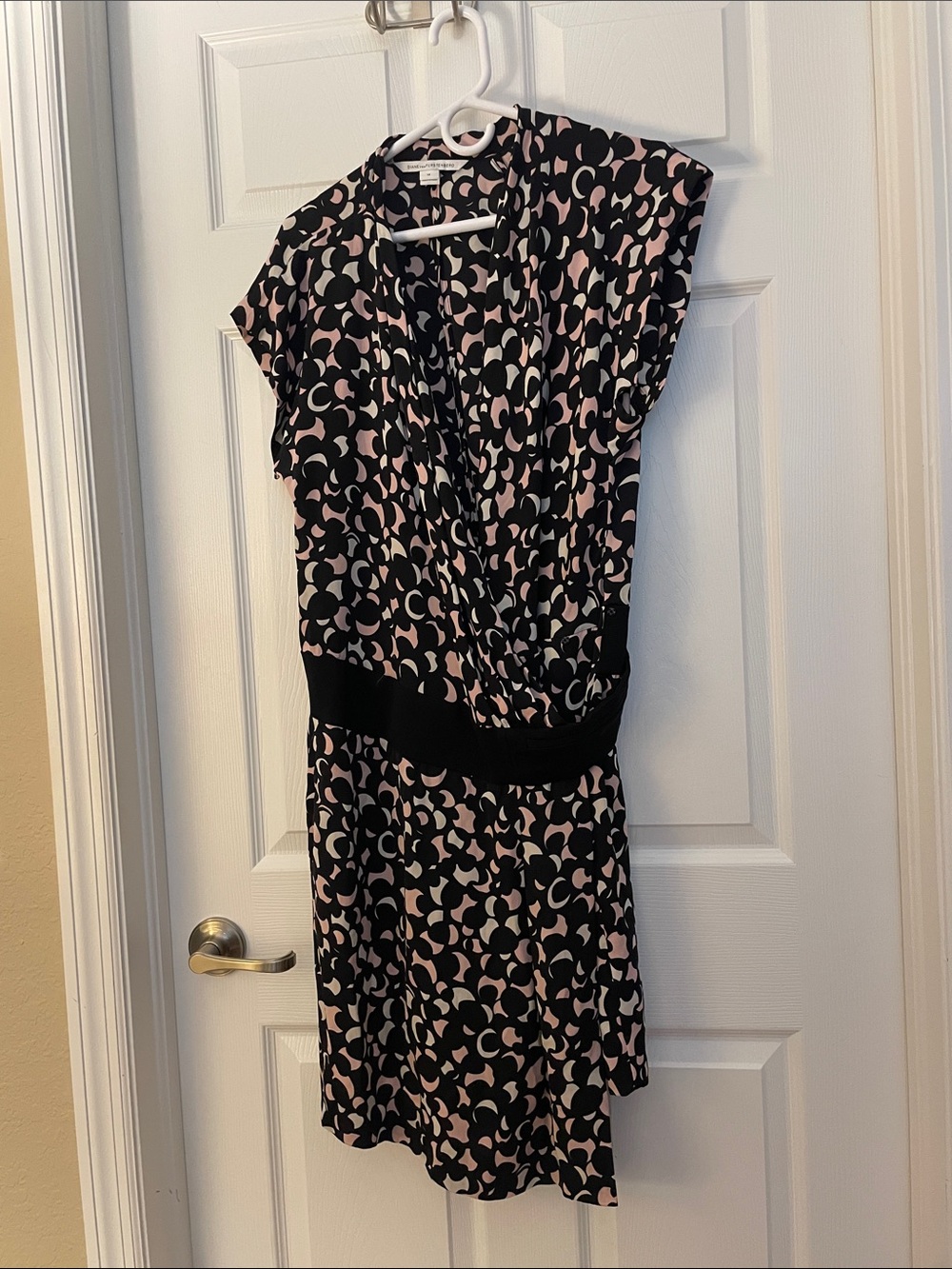 Diane Von Furstenberg Black and Blush Pink Printed Midi Wrap Dress